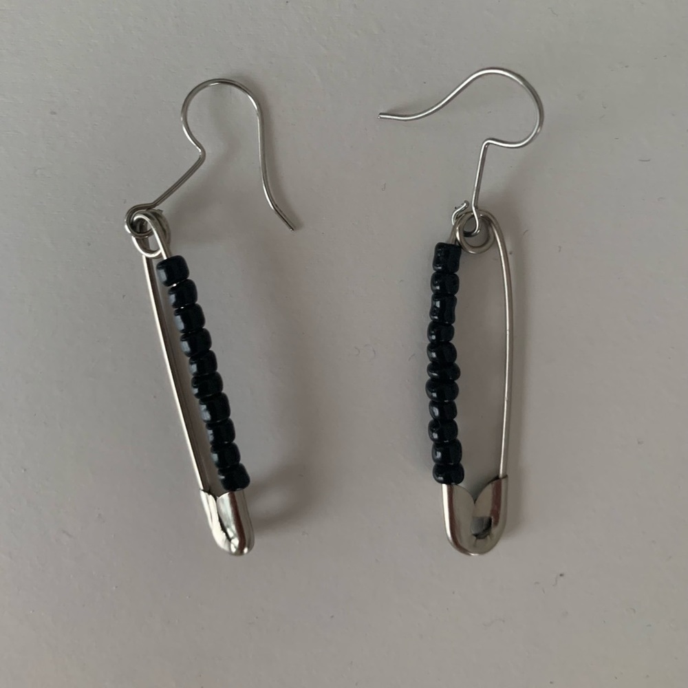 Black Safety Pin Dangly Earrings
